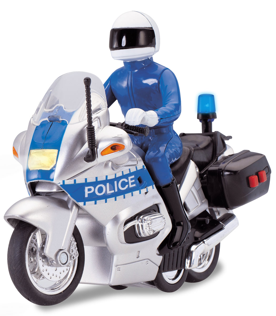 Dickie Toys Полицейский мотоцикл3712004 Dickie Toys Полицейский мотоцикл3712004Полицейский мотоцикл Dickie Toys дополнен фигуркой и выполнен в реалистичном дизайне. Такой мотоцикл может быть использован в сюжетной игре или стать частью коллекции и занять место на полочке. Кроме того, игрушка обладает световыми и звуковыми эффектами: если нажать на кнопочки, расположенные на корпусе мотоцикла, то игрушка будет воспроизводить звуки, а лампочка на антенне будет светиться. Рекомендуется докупить 2 батарейки напряжением 1,5V типа ААA (товар комплектуется демонстрационными).