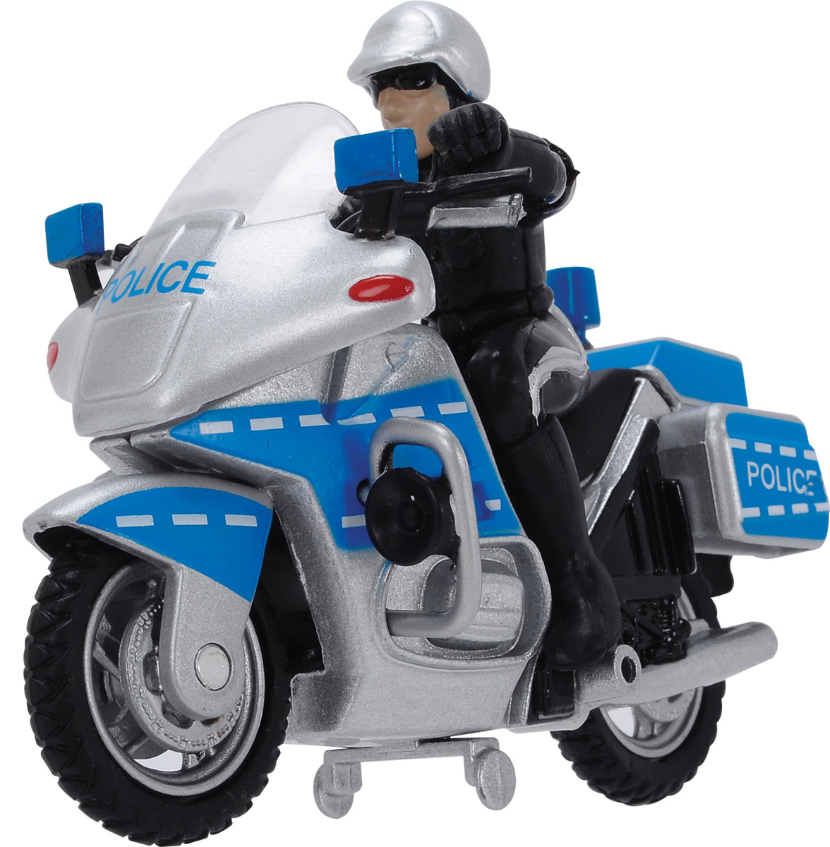 Dickie Toys Полицейский байк3342001 Dickie Toys Полицейский байк3342001Полицейский байк Dickie Toys представлен полицейским мотоциклом, фигуркой мотоциклиста и дорожными знаками. Дизайн мотоцикла хорошо проработан. Пропорции и наличие всех атрибутов (стекло, зеркала, педали, подножка, структура дисков) придают игрушечному мотоциклу сходство с настоящим транспортным средством. Такая игрушка позволит моделировать сюжеты из жизни патрульного полицейского.