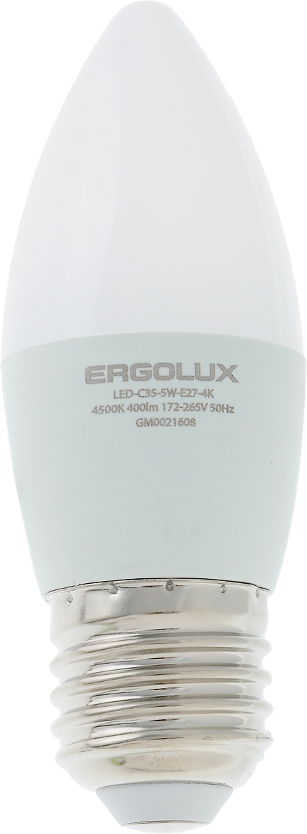 Лампа светодиодная Ergolux LED-C35-5W-E27-4K, холодный свет, цоколь Е27, 5 Вт12414 Лампа светодиодная Ergolux LED-C35-5W-E27-4K, холодный свет, цоколь Е27, 5 Вт12414Лампа светодиодная Ergolux - новое решение в светотехнике. Светодиодная лампа экономит до 90% электроэнергии благодаря низкой потребляемой мощности. Лампа не содержит ртути и других вредных веществ, экологически безопасна и не требует утилизации. Срок службы в 2,5-3 раза дольше энергосберегающей лампы и в 30 раз дольше лампы накаливания. Обладает высокой ударопрочностью благодаря корпусу из пластика и металла. Мгновенно включается, не мерцает во время работы. Светодиодные лампы идеально подходят для основного и акцентного освещения интерьеров, витрин, декоративной подсветки. Кроме того, они создают уютную атмосферу и позволяют экономить электроэнергию уже с первого дня использования. Тип: Candle C35. Эффективность: 80 лм/Вт. Напряжение: 172-265 В. Индекс цветопередачи (Ra): 77+. Угол светового пучка: 220°. Использовать при температуре: от -30° до +40°С. Коэффициент пульсации: <5%.
