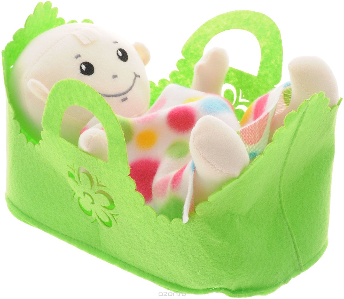 Little You Мягкая кукла Лелик в зеленой люлькеBAB01_зеленый Little You Мягкая кукла Лелик в зеленой люлькеBAB01_зеленыйМягкая кукла Little You Лёлик в люльке будет прекрасным подарком для самых маленьких девочек. Кукла-малыш одета в белый подгузник на липучках и укрыта ярким покрывалом. У куклы вышитое личико с черными глазками и улыбающимся ротиком. Кукла выполнена в нежных и спокойных тонах - это положительно влияет на эмоциональное состояние ребенка. В комплекте есть удобная мягкая люлька с ручкой, в которую легко помещается кукла. Мягкая кукла Little You станет настоящим другом для вашей маленькой принцессы.