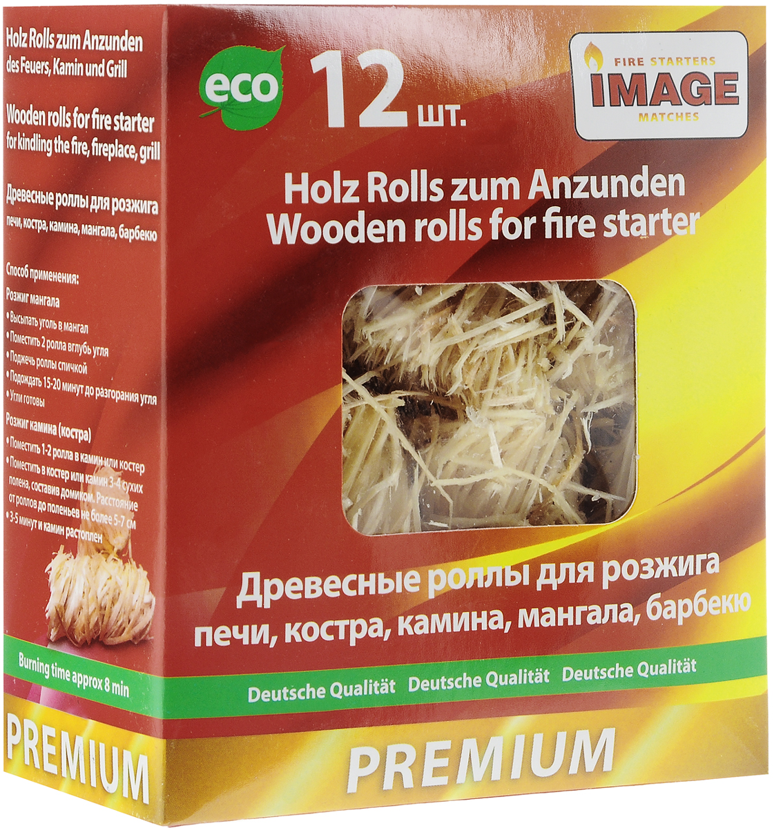 Роллы для розжига Image, длина 6 см, 12 шт40656 Роллы для розжига Image, длина 6 см, 12 шт40656Роллы Image используются для разжигания каминов, шашлычниц, барбекю, топок, грилей, мангалов, для розжига огня на открытом воздухе и специально оборудованных местах. Ролл моментально разгорается за счет наличия кислорода между волокнами древесины. Пламя очень высокое, чистое, активное, без копоти и запаха. Сохраняет свои свойства и после намокания. Состав: стружечная древесина, упаковка из картона, пленка, пропитка. Время горения 1 шт: от 8 до 12 мин. Размер ролл: 6 х 2,5 х 2,5 см.