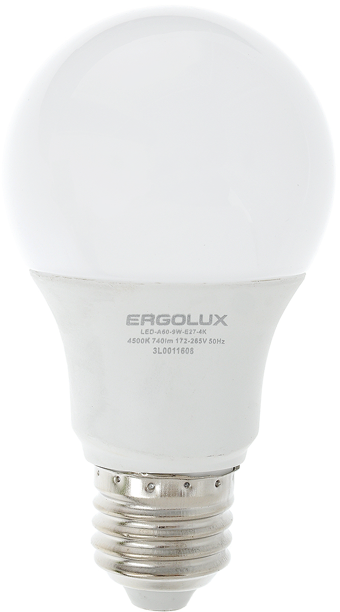 Лампа светодиодная Ergolux, цоколь E27, 9W, 4500К12412 Лампа светодиодная Ergolux, цоколь E27, 9W, 4500К12412Светодиодная лампа Ergolux - новое решение в светотехнике. Светодиодная лампа экономит много электроэнергии благодаря низкой потребляемой мощности. Она идеальна для основного и акцентного освещения интерьеров, витрин, декоративной подсветки. Кроме того, создает уютную атмосферу и позволяет экономить электроэнергию уже с первого дня использования. Не содержит ртути и не требует переработки. Срок службы в 2,5-3 раза дольше энергосберегающей лампы и в 30 раз дольше лампы накаливания. Высокая ударопрочность благодаря металло-пластиковому корпусу. Мгновенное включения. Без мерцания. Напряжение: 172-265 В. Угол светового пучка: 270°. Эффективность: 82 лм/Вт. Тип: А60. Индекс цветопередачи: 77+. Рабочая температура: -30 - +40°С.