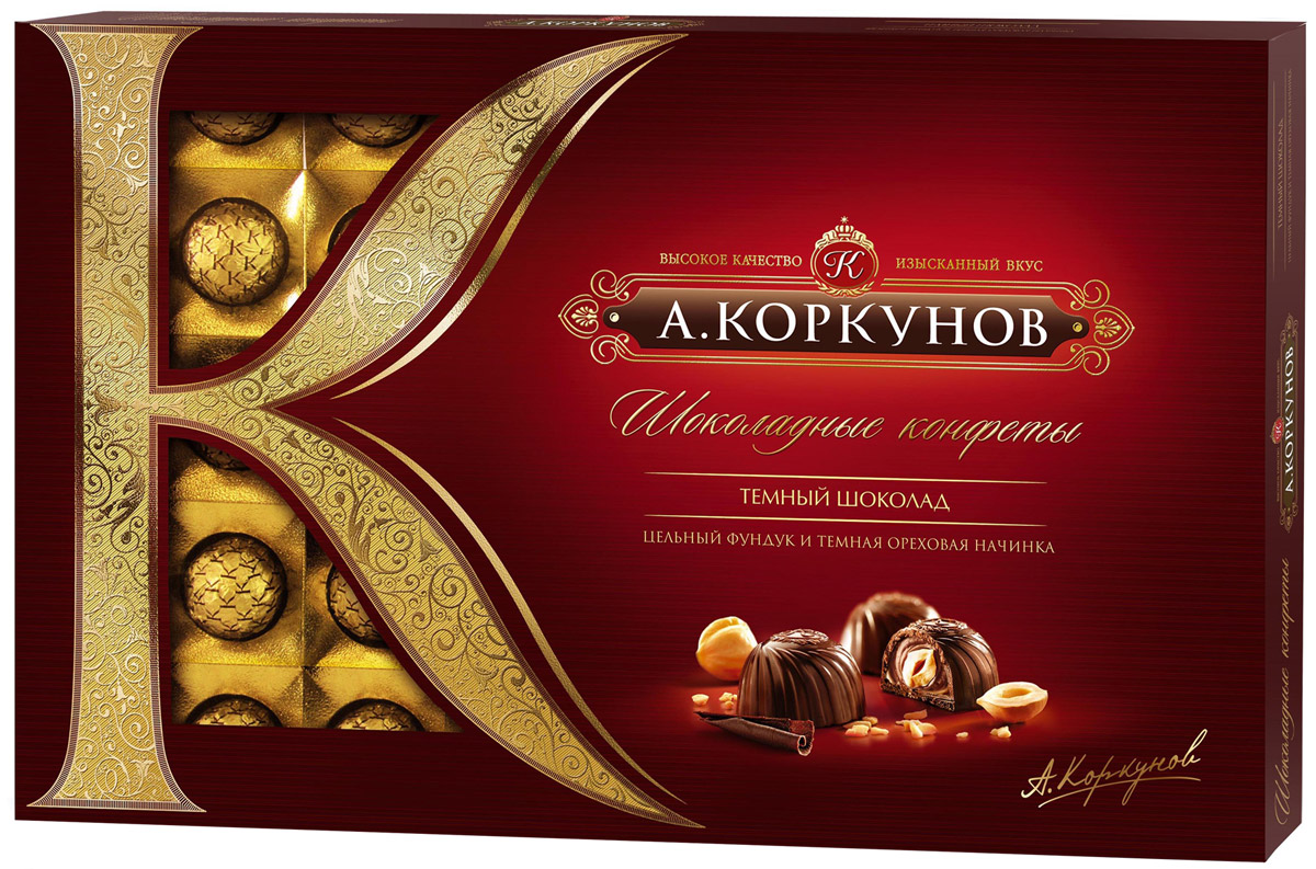 Коркунов конфеты темный шоколад, 253 г4606720007785 Коркунов конфеты темный шоколад, 253 г4606720007785При производстве конфет КОРКУНОВ используются сертифицированные сорта какао-бобов, произрастающие в Западной Африке. Ореховая начинка конфет – это настоящее, классическое пралине - сочетание сахара и орехов. Также для производства конфет КОРКУНОВ закупаются только отборные орехи, а каждый из поставщиков проходит строгую проверку качества. Элегантная упаковка подчеркивает вкус изысканных шоколадных конфет. Все это делает конфеты КОРКУНОВ одним из самых желанных подарков на любой праздник.