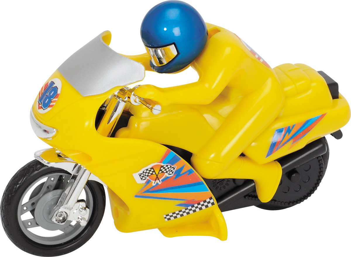 Dickie Toys Мотоцикл Power Bike цвет желтый3342004_желтый Dickie Toys Мотоцикл Power Bike цвет желтый3342004_желтыйМотоцикл Dickie Toys Power Bike - это игрушечный мотоцикл, который обязательно удовлетворит желания вашего юного любителя экстрима. Он выполнен в ярко-желтом цвете, который сразу же бросается в глаза. Кроме того, на поверхность мотоцикла нанесены наклейки и изображения, которые являются традиционными для гоночных моделей. Вместе с байком в комплект входит фигурка водителя, одетого в шлем и красный костюм. Его голова подвижна и позволяет ему смотреть в разных направлениях. Сделайте вашему ребенку такой замечательный подарок!