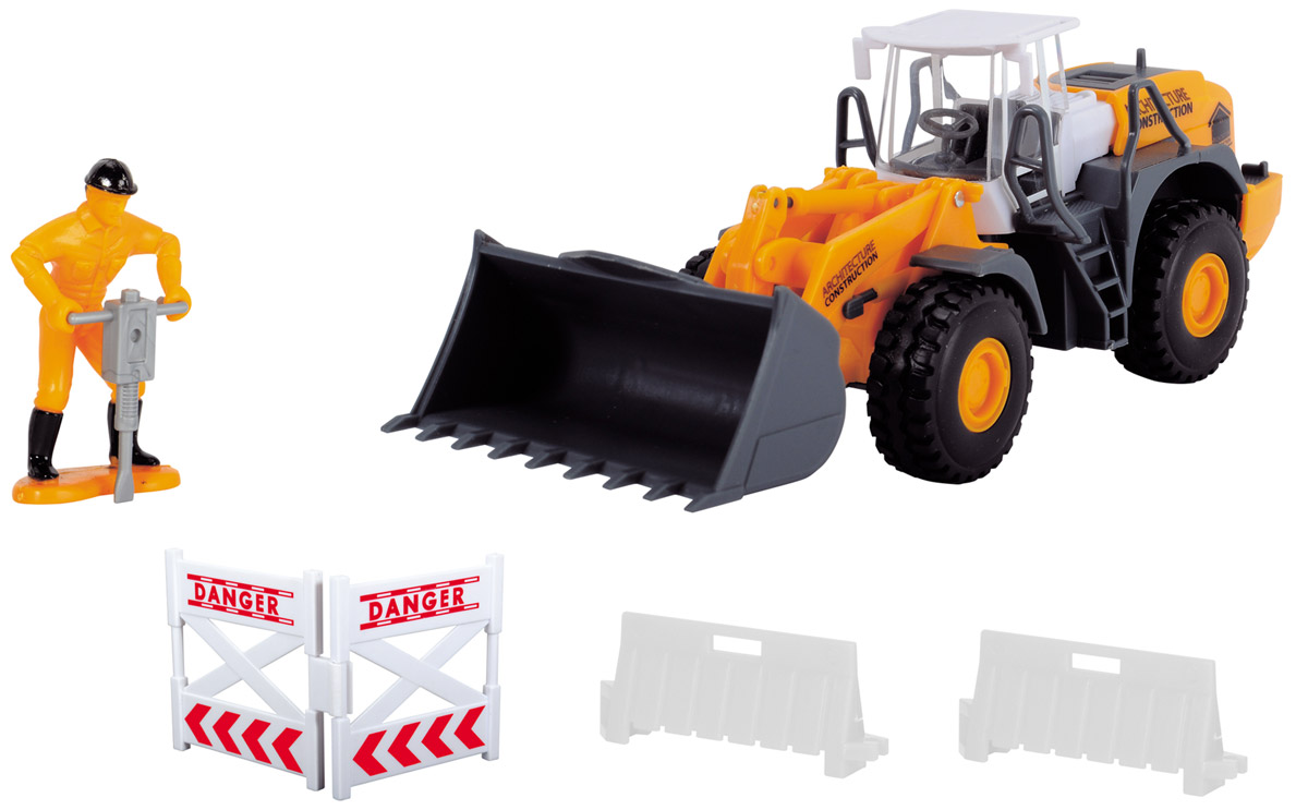 Dickie Toys Колесный погрузчик Road Works3342005_ковш Dickie Toys Колесный погрузчик Road Works3342005_ковшКолесный погрузчик Dickie Toys Road Works непременно понравится вашему ребенку. Набор включает в себя трактор с ковшом, фигурку рабочего и дорожное заграждение. У трактора поднимается и опускается ковш. Прорезиненные рельефные колеса обеспечивают надежное сцепление с полом. С этим набором ваш малыш будет часами занят игрой. Порадуйте его таким замечательным подарком!