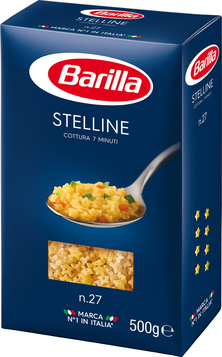 Barilla Stelline паста стеллине, 500 г8076800315271 Barilla Stelline паста стеллине, 500 г8076800315271Стеллине Barilla – классическая форма пасты для супа. Миллионы итальянских детишек выросли на супе со звездочками. Стеллине один из видов пасты для супа. Маленькие звездочки не оставят равнодушными как детей, так и взрослых. Золотистый куриный бульон и звездочки стеллине – прекрасный обед в жаркий летний день. А может насыщенный томатный крем – суп с морепродуктами и лимонной цедрой? В бульонах и супах любой сложности стеллине Barilla – очарование звездного неба. Уважаемые клиенты! Обращаем ваше внимание на то, что упаковка может иметь несколько видов дизайна. Поставка осуществляется в зависимости от наличия на складе.