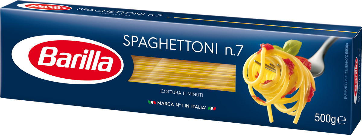 Barilla Spaghettoni паста спагеттони, 500 г8076808150072 Barilla Spaghettoni паста спагеттони, 500 г8076808150072Из всего многообразия форм пасты, каждый найдет для себя оптимальный вариант. Так и Спагеттони №7 Barilla заняли свое место в меню гурманов всего мира. Они отличаются от классического формата Спагетти №5 большим диаметром и прекрасно подходят для самых разнообразных соусов, особенно хорошо они сочетаются с соусами на основе свежих овощей. Несмотря на большую толщину, Спагеттони сохранили длину и гибкость классических спагетти. Они прекрасно сочетаются с разнообразными соусами, от простых до самых изысканных. Словно лучики яркого итальянского солнца, они создадут атмосферу радости и праздника за столом. Уважаемые клиенты! Обращаем ваше внимание на то, что упаковка может иметь несколько видов дизайна. Поставка осуществляется в зависимости от наличия на складе.