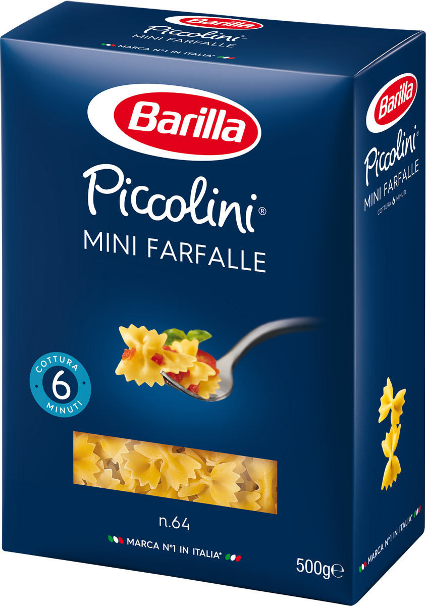 Barilla Mini Farfalle паста мини фарфалле, 500 г8076809521567 Barilla Mini Farfalle паста мини фарфалле, 500 г8076809521567В переводе с итальянского Пикколини - крошечный. И специально для ваших крох Barilla представляет специальный детский формат пасты Пикколини Мини Фарфалле. Без всяких сомнений, маленькие изящные бабочки завоюют любовь детей, да и взрослых не оставят равнодушными. Как и их старшие сестры, Мини Фарфалле произведены в соответствии с высочайшими стандартами качества в Италии, из отборной муки твердых сортов. Изящная форма и неповторимый вкус делают Фарфалле идеальным форматом пасты для создания теплой и веселой атмосферы за столом. Лучше всего они сочетаются с легкими и свежими соусами, однако и в компании более насыщенных по вкусу и густых соусов они продолжат свой счастливый полет. Из-за небольших размеров, Мини Фарфалле лучше сочетаются с соусами с тонкими ароматами и нежным вкусом. Barilla рекомендует приготовить Мини Фарфалле с ароматным соусом на основе цуккини и тыквой. Или же в изысканном окружении зеленого горошка, прошутто и помидоров....