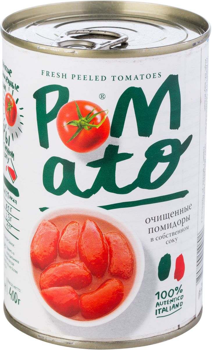 Pomato помидоры очищенные в собственном соку, 400 г13101 Pomato помидоры очищенные в собственном соку, 400 г13101Помидоры Pomato - сочные вкусные итальянские помидоры, выращенные под неаполитанским солнцем на вулканических почвах у подножия Везувия. Только отборные помидоры, бережно упакованные в течение нескольких часов после сбора.