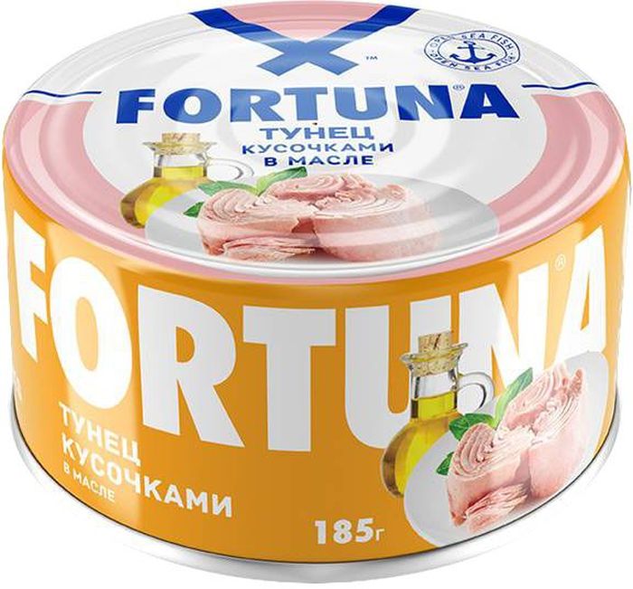 Fortuna тунец кусочками в масле, 185 г26119 Fortuna тунец кусочками в масле, 185 г26119Крупные сочные кусочки филе тунца в подсолнечном масле с нежным изысканным вкусом.