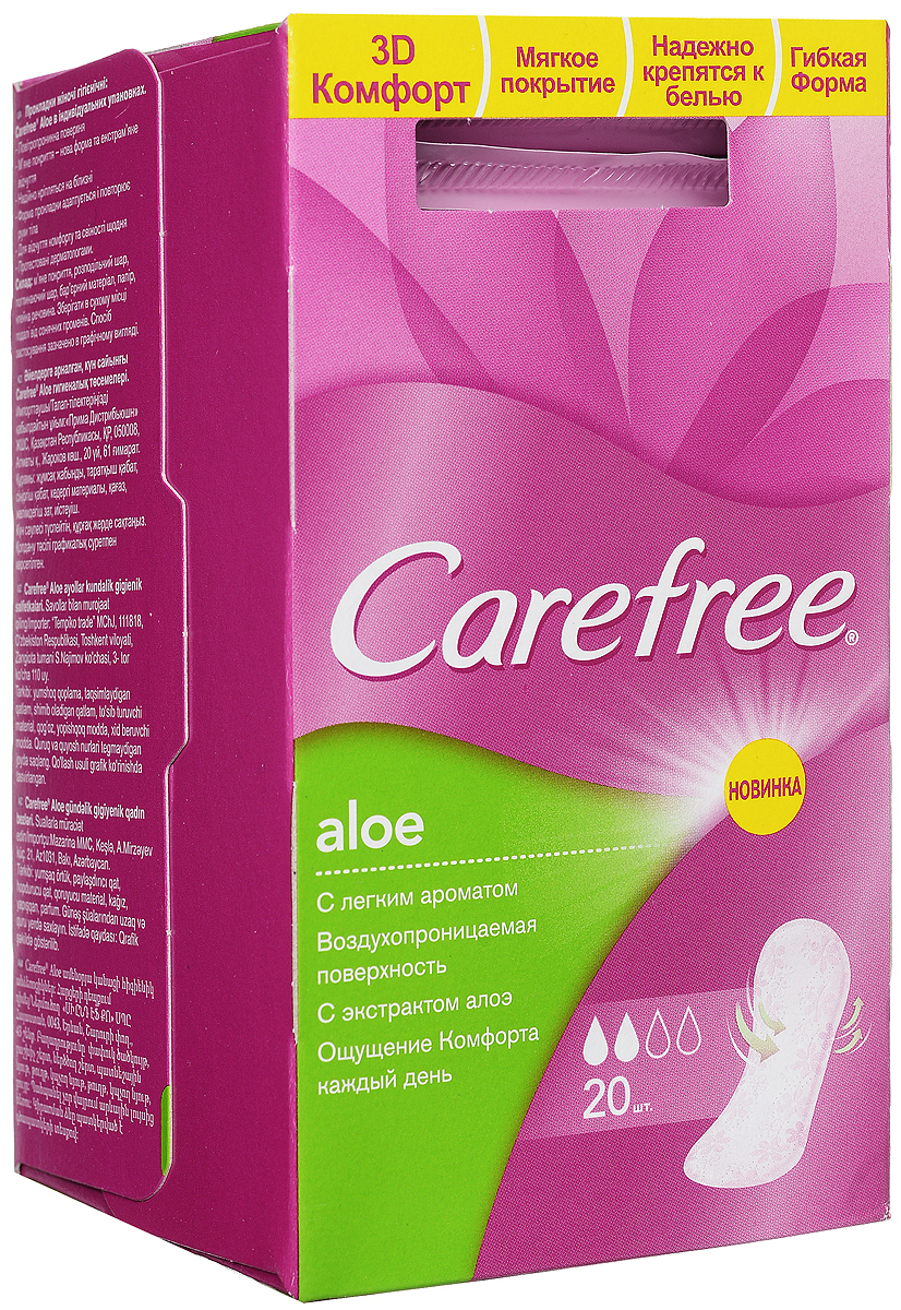 Carefree Прокладки ежедневные Aloe, воздухопроницаемые, 20 шт83227 Carefree Прокладки ежедневные Aloe, воздухопроницаемые, 20 шт83227Ежедневные прокладки Carefree Aloe мягкие как хлопок, поэтому вы их практически не чувствуете и наслаждаетесь комфортом De Luxe. Воздухопроницаемая поверхность позволяет вашей коже дышать. Быстро впитывают влагу, помогая предотвратить появление запаха и сохранить ощущение свежести. Товар сертифицирован.