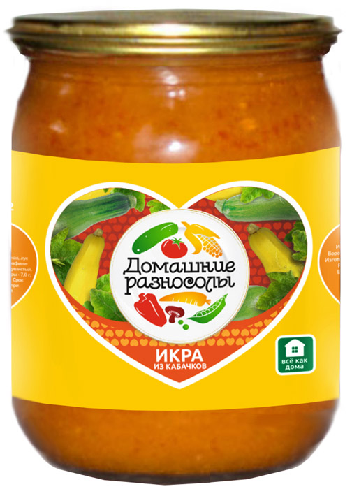 Домашние разносолы икра из кабачков, 500 г0704914052310002 Домашние разносолы икра из кабачков, 500 г0704914052310002Кабачковая икра может употребляться в пищу как в качестве блюда самостоятельного, так и в качестве гарнира к другим продуктам. Кроме того, консервированная кабачковая икра, отличается практически такими же полезными свойствами, как и икра свежая. Витамины и другие полезные вещества прекрасно сохраняются в кабачках даже после их термической обработки и консервации. ГОСТ Р 51926-2002.