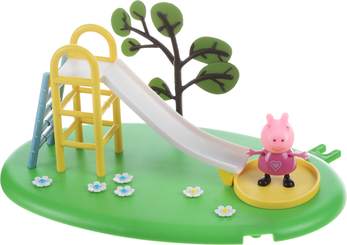 Peppa Pig Игровой набор Горка Пеппы28774 Peppa Pig Игровой набор Горка Пеппы28774Свинка Пеппа отправляется гулять на зеленую цветочную лужайку. Там расположена горка с лесенкой, перед которой находится песочница, чтобы Пеппа и ее друзья во время катания не ушиблись, а приземлялись в мягкий песок. Рядом с горкой растет дерево. Снизу у игрушки имеются специальные приспособления, которые по типу пазлов позволяют скрепить все площадки из ассортимента. Из данной серии вы также можете выбрать наборы Качели или Качели-качалка (продаются отдельно). В игровом наборе Peppa Pig Горка Пеппы из серии Игровая площадка Пеппы представлены 2 предмета: площадка с горкой, фигурка Пеппы, которая может стоять, сидеть, двигать ручками и ножками. Набор изготовлен из безопасного пластика.