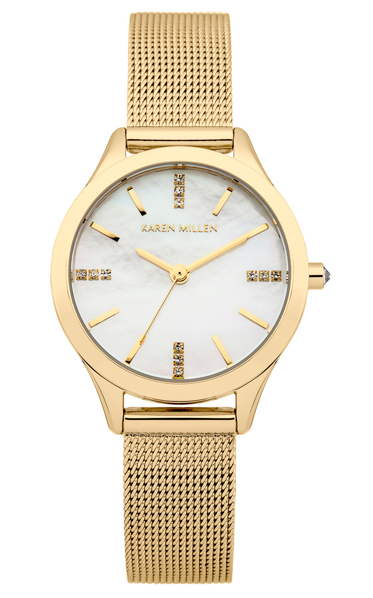 Наручные часы женские Karen Millen, цвет: золотой. KM140GMAKM140GMA Наручные часы женские Karen Millen, цвет: золотой. KM140GMAKM140GMAТрехстрелочный механизм Miyota 6P29; IP Gold покрытие, Размер корпуса 28 мм; Минеральное стекло; Перламутровый циферблат; Камни Swarovski; Браслет миланского плетения; Водозащита 3ATM