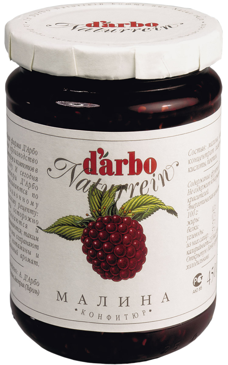 Darbo конфитюр малина, 450 г22118 Darbo конфитюр малина, 450 г22118Не содержит консервантов и красителей. В 1879 году Рудольф Дарбо основал предприятие, которое стало одним из самых успешных в Австрии - A. Darbo AG в Тироле. В 1997 году ему было присуждено звание лучшей Тирольской торговой марки. Конфитюры DArbo экспортируются более чем в 40 стран мира. По всему миру брэнд DArbo Naturrein гарантирует высокое качество конфитюров, меда и компотов. Для DArbo Naturrein используются только свежие фрукты и ягоды из самых лучших регионов мира. Компания покупает розовые абрикосы в Венгрии, киви в Новой Зеландии, черную вишню в Швейцарии, бузину в Сирии и клюкву в Швеции. Многолетний опыт и связи среди компаний, торгующих фруктами, позволяют DArbo стоять в первых рядах при покупке высококачественных фруктов.