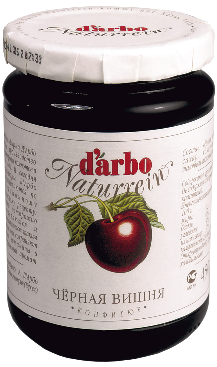 Darbo конфитюр черная вишня, 450 г22120 Darbo конфитюр черная вишня, 450 г22120Не содержит консервантов и красителей. В 1879 году Рудольф Дарбо основал предприятие, которое стало одним из самых успешных в Австрии - A. Darbo AG в Тироле. В 1997 году ему было присуждено звание лучшей Тирольской торговой марки. Конфитюры DArbo экспортируются более чем в 40 стран мира. По всему миру брэнд DArbo Naturrein гарантирует высокое качество конфитюров, меда и компотов. Для DArbo Naturrein используются только свежие фрукты и ягоды из самых лучших регионов мира. Компания покупает розовые абрикосы в Венгрии, киви в Новой Зеландии, черную вишню в Швейцарии, бузину в Сирии и клюкву в Швеции. Многолетний опыт и связи среди компаний, торгующих фруктами, позволяют DArbo стоять в первых рядах при покупке высококачественных фруктов.