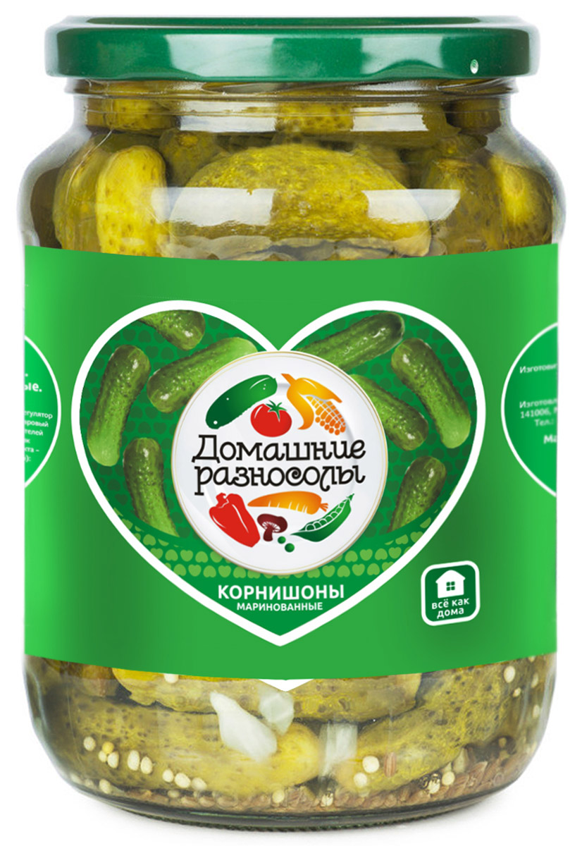 Домашние разносолы корнишоны маринованные, 350 мл0202122052310003 Домашние разносолы корнишоны маринованные, 350 мл0202122052310003Подлинные корнишоны отличаются особой нежностью и ароматом. Они не вырастают больше девяти сантиметров. Причем, чем они меньше по размеру, тем больше они ценятся. ГОСТ Р 52477-2005 Высший сорт.
