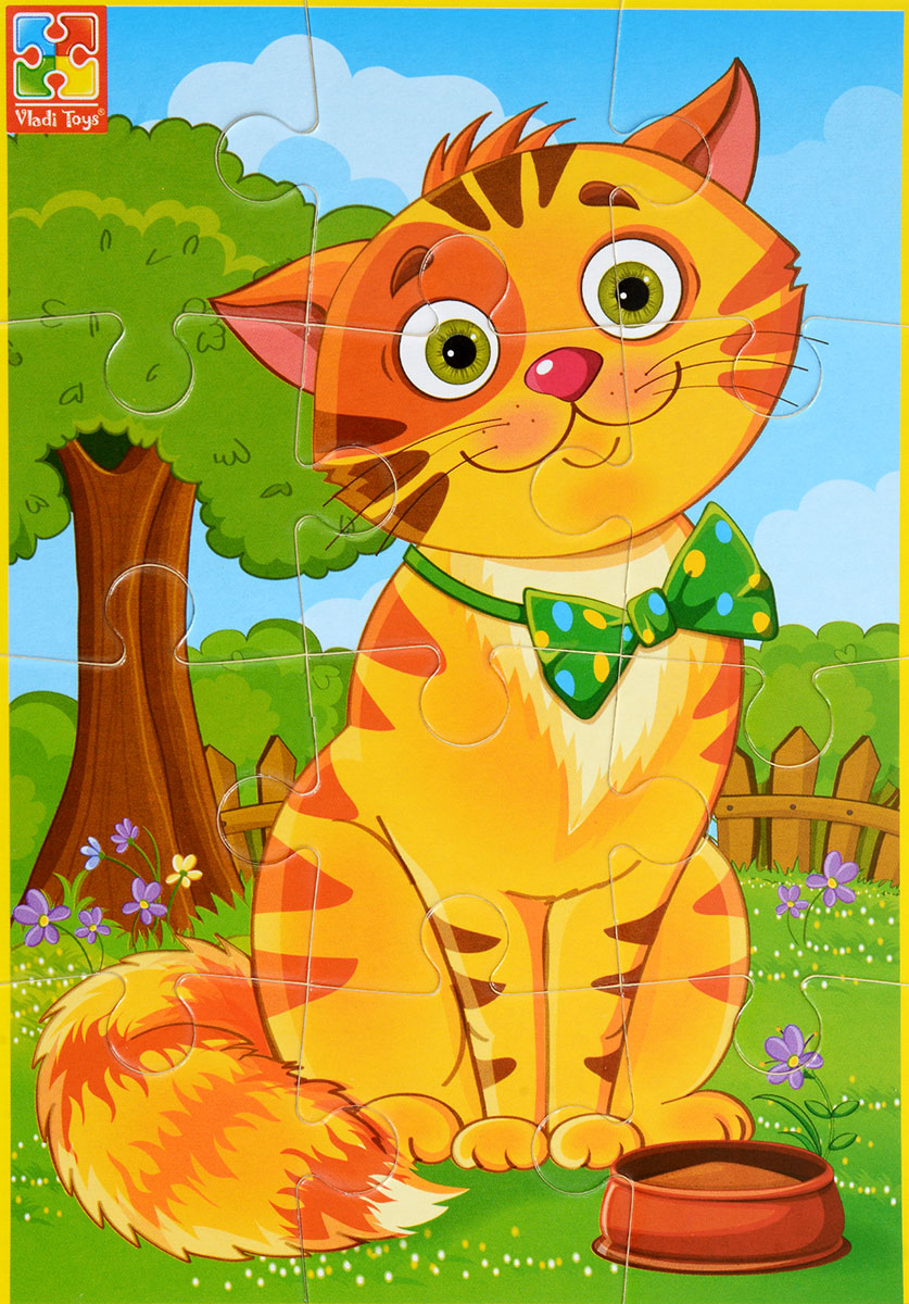 Vladi Toys Пазл для малышей КотикVT1103-52 Vladi Toys Пазл для малышей КотикVT1103-52Пазл для малышей Vladi Toys Котик состоит из крупных мягких деталей, подойдет для самых маленьких детей. Все детали легко соединяются между собой. Собрав этот пазл, включающий в себя 12 элементов, вы получите картинку с изображением очаровательного кота с зеленым бантиком на шее. Пазл научит ребенка усидчивости, умению доводить начатое дело до конца, поможет развить внимание, память, образное и логическое мышления, сенсорно- моторную координацию движения рук. Крупная и яркая форма собираемых элементов картинки способствует развитию мелкой моторики, которая напрямую влияет на развитие речи и интеллектуальных способностей. В дальнейшем хорошая координация движений рук поможет ребенку легко овладеть письмом.