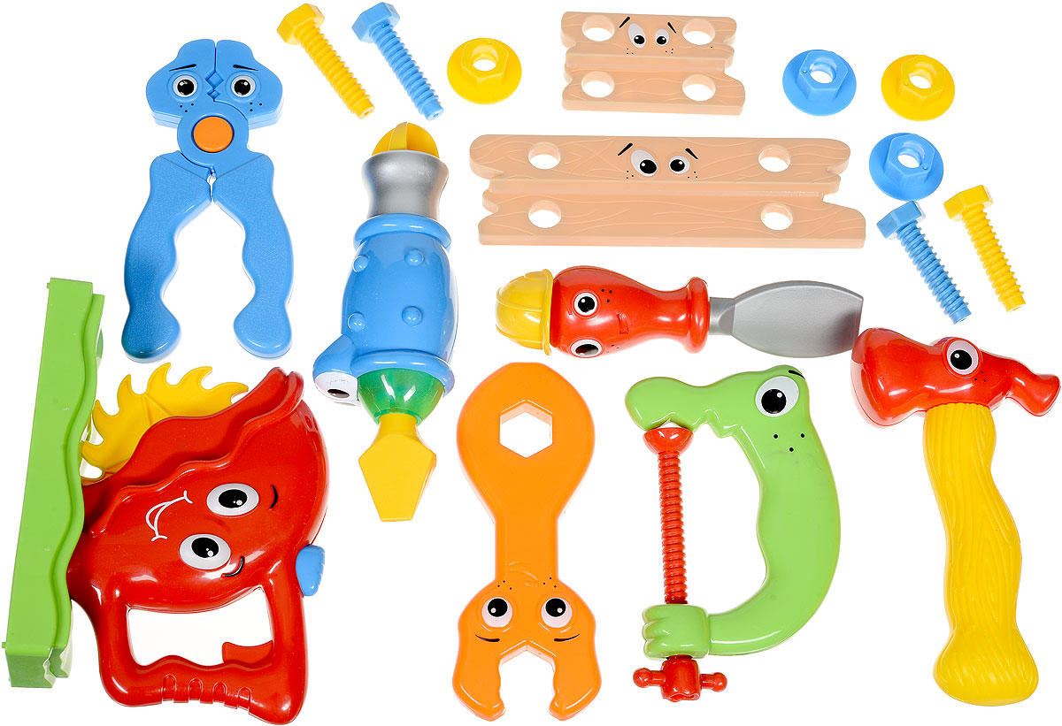 1TOY Игрушечный набор инструментов ПрофималышТ55992_тип 1 1TOY Игрушечный набор инструментов ПрофималышТ55992_тип 1Игрушечный набор инструментов 1TOY Профималыш отлично подойдет для игр ребенка дома и на свежем воздухе. Набор включает в себя 17 предметов, два из которых электроинструменты. Элемент пилы с зубчиками крутится при нажатии кнопки на ручке, при этом звучат забавные звуки. Отвертка оснащена звуковыми и световыми эффектами. Ребенок сможет часами играть с этими игрушечными инструментами, подражая папе. Порадуйте его таким замечательным подарком! Для работы пилы рекомендуется докупить 2 батарейки напряжением 1,5V типа АG13 (входят в комплект). Для работы отвертки рекомендуется докупить 2 батарейки напряжением 1,5V типа АG13 (входят в комплект).