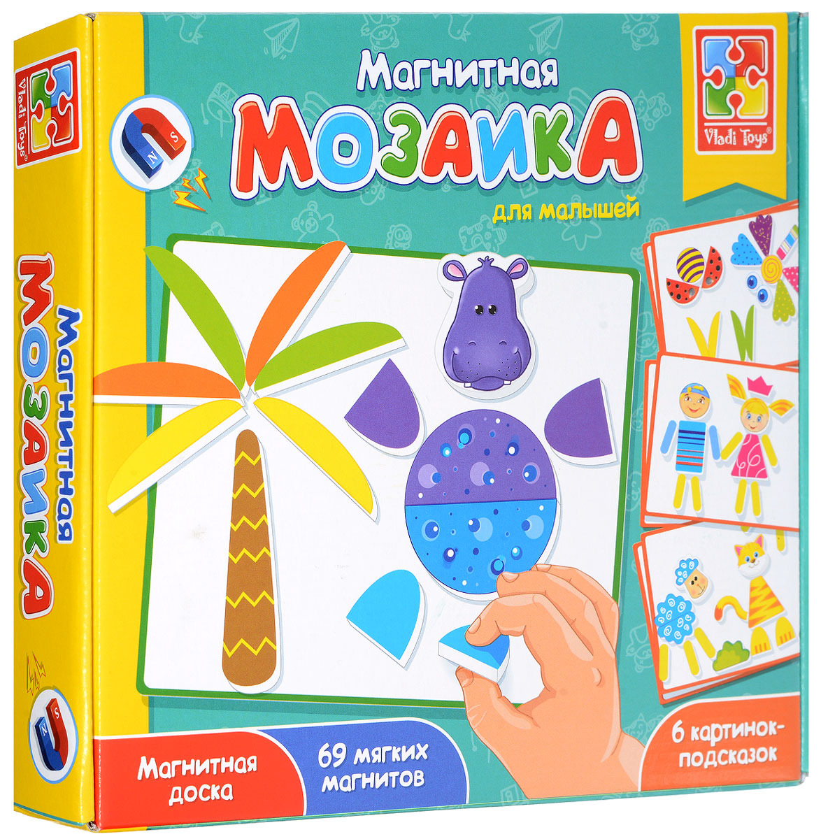 Vladi Toys Развивающая игра БегемотикVT3701-01 Vladi Toys Развивающая игра БегемотикVT3701-01Магнитная игра Vladi Toys Бегемотик - это интересный набор для творчества и развития малышей. Это комплект мягких красочных деталей на магнитной основе, с доской для создания собственных персонажей. Мягкие фигурные магниты отлично держатся на любой металлической поверхности. Это значительно облегчает творческий процесс создания картины и приближает долгожданный результат, принося еще больше радости и удовольствия. В набор входит магнитная основа и вкладыш с картинками-образцами. Ребенок научится не только работать по образцу, но и придумывать собственные сюжеты из мозаики. Мягкая магнитная мозаика развивает логику, образное и пространственное мышление, координацию движений, память и творческие способности.