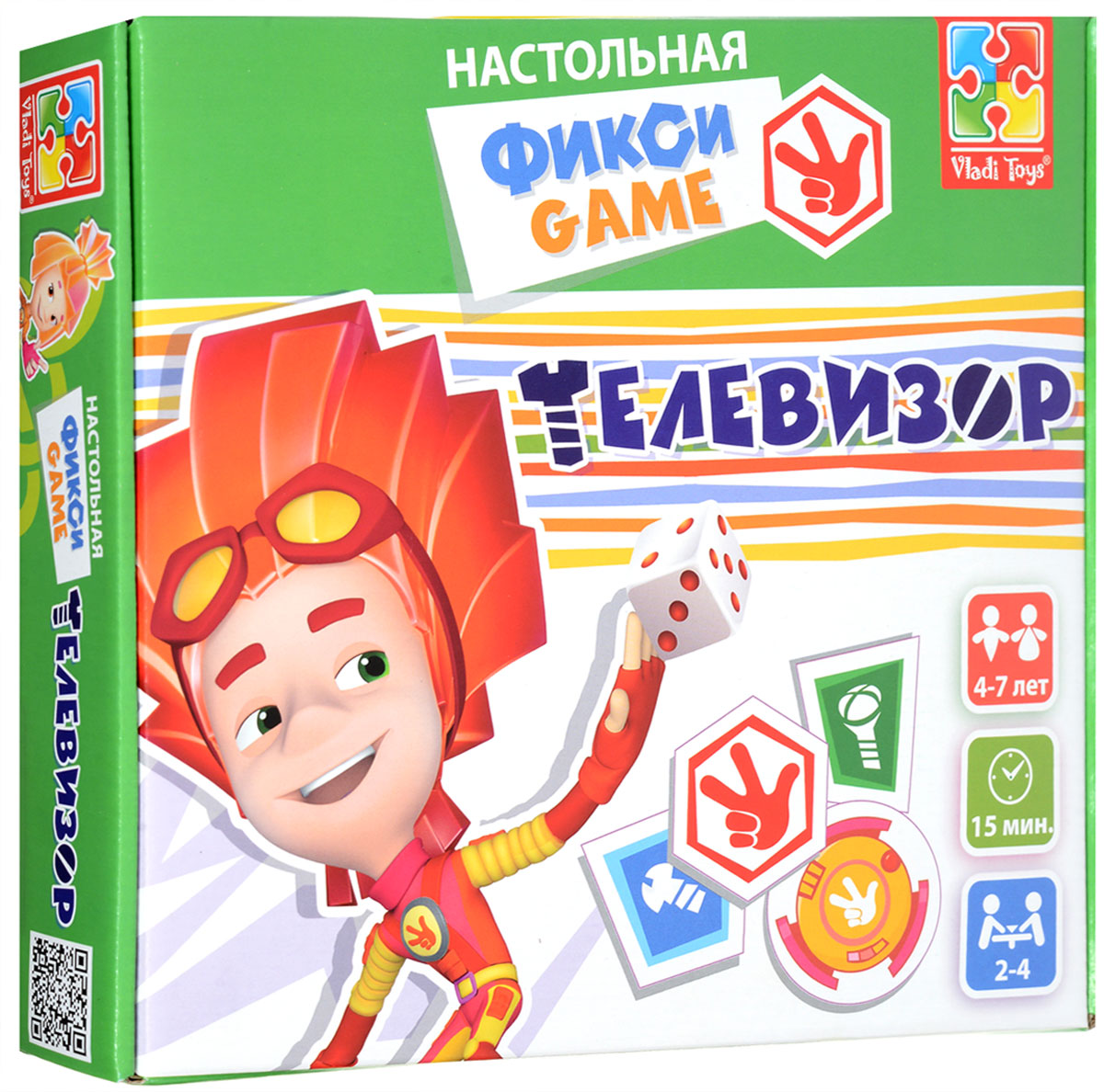 Vladi Toys Обучающая игра ТелевизорVT2108-02 Vladi Toys Обучающая игра ТелевизорVT2108-02Все дети любят играть в игры-ходилки. Но обычная ходилка быстро надоедает. А вот с игрой Vladi Toys Телевизор детям скучать не придется. Потому что она - не совсем обычная! У Дим Димыча сломался телевизор… И фиксики, конечно же, спешат к нему на помощь. Чтобы починить телевизор, игрокам необходимо собрать 4 карточки Тыдыщ! и обменять их на помогатор. Ведь именно в нем находятся все нужные инструменты. Симка, Нолик, Верта и Файер - герои любимого всеми детьми мультика - фикси-фишки. Необходимо бросать кубик, переставлять фишки и продвигаться к Финишу. На пути к цели игрокам будет делать мелкие пакости Жучка. А вот Кусачка подготовила участникам игры большую неприятность. Высококачественный материал, яркие рисунки, огромное игровое поле, почти 50 см в диаметре - игра захватит не только детей, но и взрослых. Проведите время вместе с детьми и веселой игрой Vladi Toys Телевизор! С фиксиками всегда интересно!