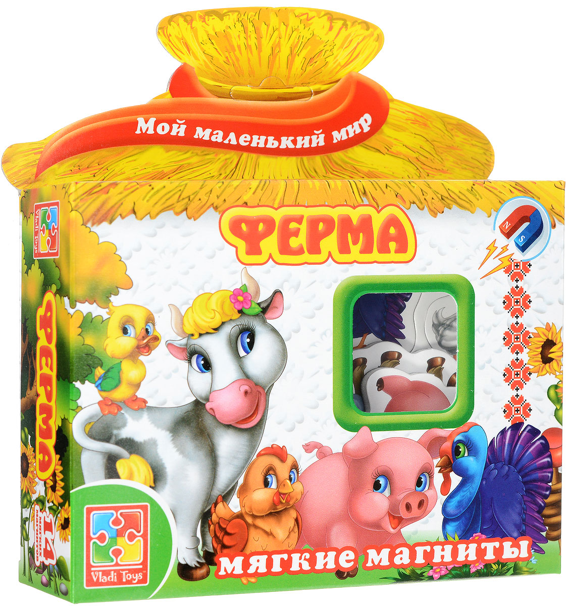 Vladi Toys Развивающая игра ФермаVT3101-03 Vladi Toys Развивающая игра ФермаVT3101-03С развивающей магнитной игрой Vladi Toys Ферма ваш малыш расширит свои познания об окружающем его мире, увеличит свой словарный запас, сможет весело и познавательно проводить время. Игра познакомит малыша с домашними животными, обитающими на ферме. С фигурными магнитиками можно играть на специальном магнитном планшете или просто на любой ровной металлической поверхности. В рекомендациях предлагается несколько вариантов игр. Обучающая игра на магнитах Vladi Toys научит ребенка соотносить название объекта с его изображением. В наборе 14 мягких магнитов толщиной 3 мм.