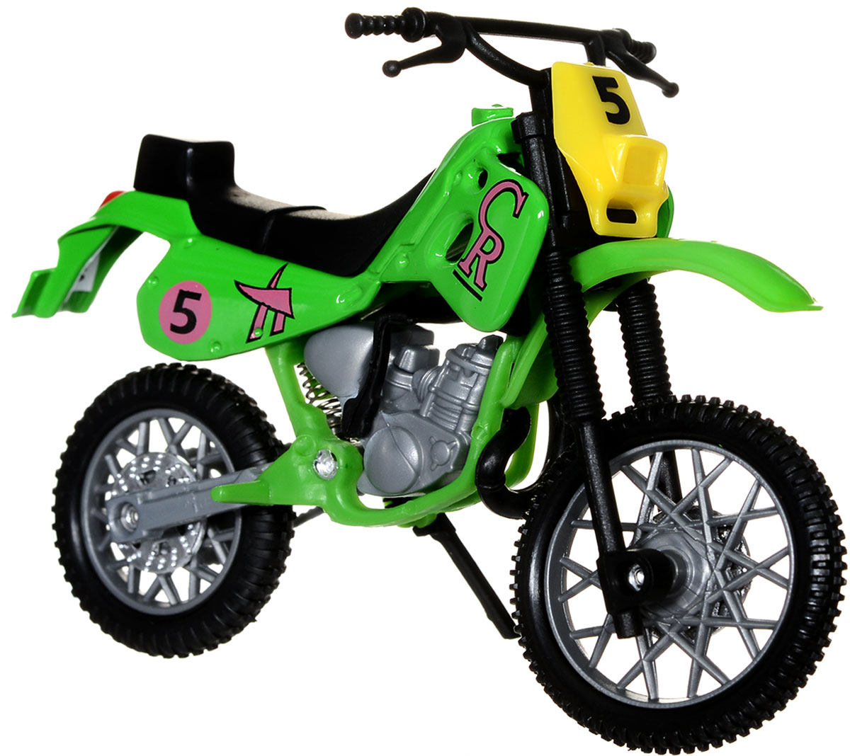 Dickie Toys Кроссовый мотоцикл цвет зеленый3341004_зеленый Dickie Toys Кроссовый мотоцикл цвет зеленый3341004_зеленыйТакой яркий кроссовый мотоцикл Dickie Toys понравится любому ребенку, который сможет с ним не только играть, но и сделать его частью своей коллекции. У игрушечного мотоцикла поворачивается руль, имеется подставка, благодаря которой он может стоять, а также свободно вращающиеся резиновые колеса. Реалистичный мотоцикл, выполненный с вниманием к деталям, станет отличным дополнением к автопарку вашего малыша!