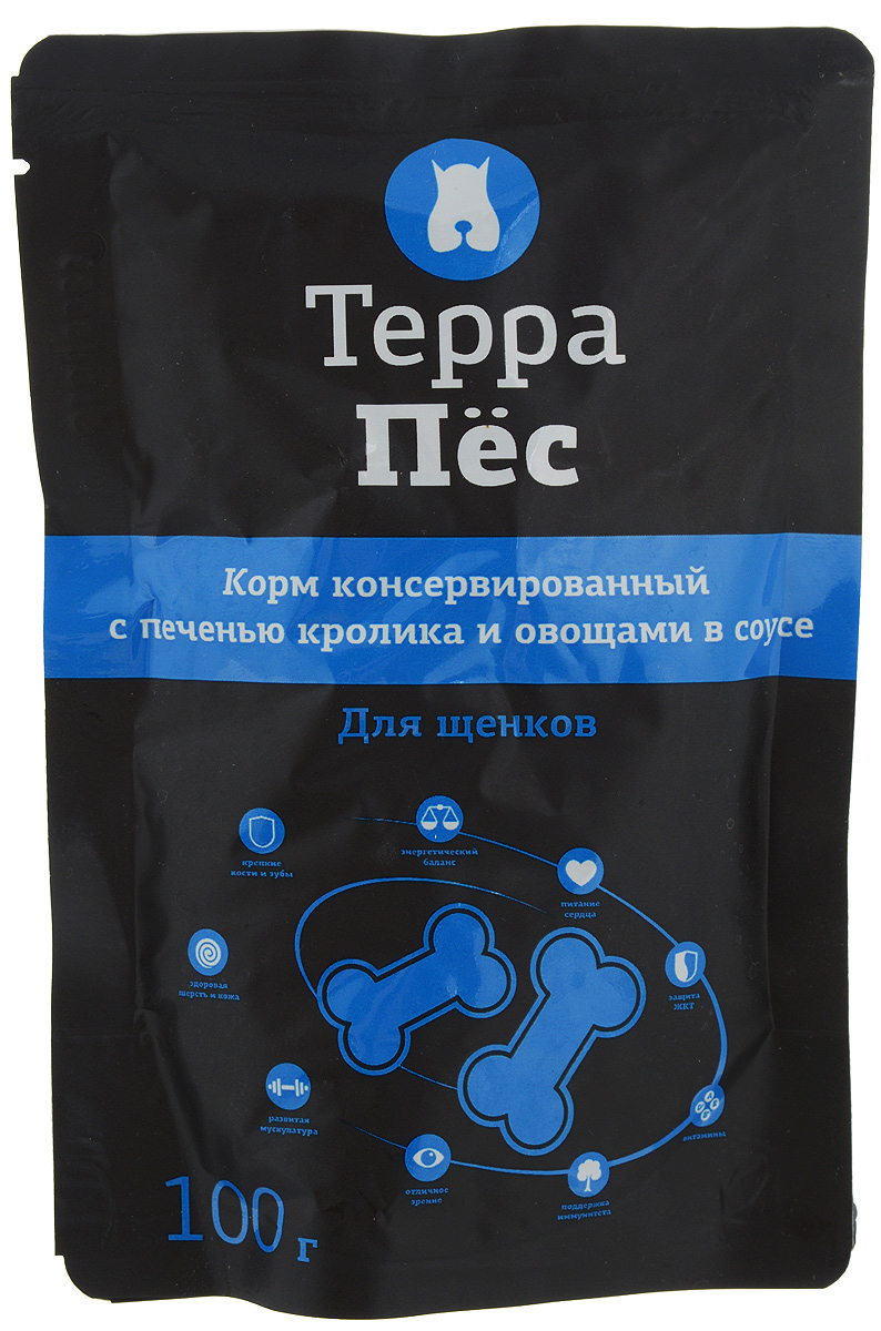 Консервы Терра Пес для щенков, с печенью кролика и овощами в соусе, 100 г00-00001271 Консервы Терра Пес для щенков, с печенью кролика и овощами в соусе, 100 г00-00001271Консервы для взрослых собак Терра Пес - полнорационный сбалансированный корм, который идеально подойдет вашему питомцу. В рацион домашнего любимца нужно обязательно включать консервированный корм, ведь его главные достоинства - высокая калорийность и питательная ценность. Консервы лучше усваиваются, чем сухие корма. Также важно, чтобы животные, имеющие в рационе консервированный корм, получали больше влаги. Состав этого корма удовлетворяет все потребности домашних питомцев,так как содержит натуральные ингредиенты, а так же оптимальное количество витаминов и минералов, что, в свою очередь, необходимо животному для поддержания прекрасной физической формы, формирования костной системы, шерстного покрова и иммунитета. Товар сертифицирован.
