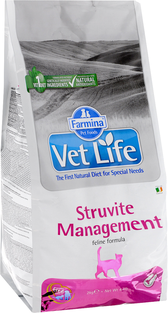 Корм сухой для кошек Farmina Vet Life, диетический, при рецидивах мочекаменной болезни и идиопатическом цистите, 2 кг22516 Корм сухой для кошек Farmina Vet Life, диетический, при рецидивах мочекаменной болезни и идиопатическом цистите, 2 кг22516Сухой корм Farmina Vet Life - это диетическое полнорационное и сбалансированное питание кошек для лечения и профилактики рецидивов струвитного уролитиаза и идиопатического цистита. Низкое содержание белка, кальция, фосфора и магния создает неблагоприятные условия для агрегации и кристаллизации осадка в моче. Добавка DL-метионина и хлорида аммония создает и поддерживает рН мочи, который способствует растворению и препятствует повторному образованию струвитов. Создаются неблагоприятные условия для размножения бактерий в мочевом пузыре. Товар сертифицирован.