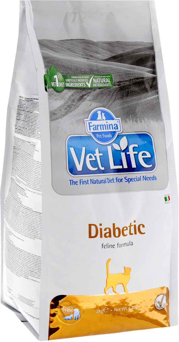 Корм сухой Farmina Vet Life для кошек с сахарным диабетом, диетический, 2 кг25326 Корм сухой Farmina Vet Life для кошек с сахарным диабетом, диетический, 2 кг25326Сухой корм Farmina Vet Life - это диетическое полнорационное и сбалансированное питание для взрослых кошек с сахарным диабетом. Низкий уровень и специально подобранные источники крахмала и сахаров, содержащиеся в диетическом питании Farmina Vet Life, снижают уровень глюкозы в крови после приема пищи. Товар сертифицирован.