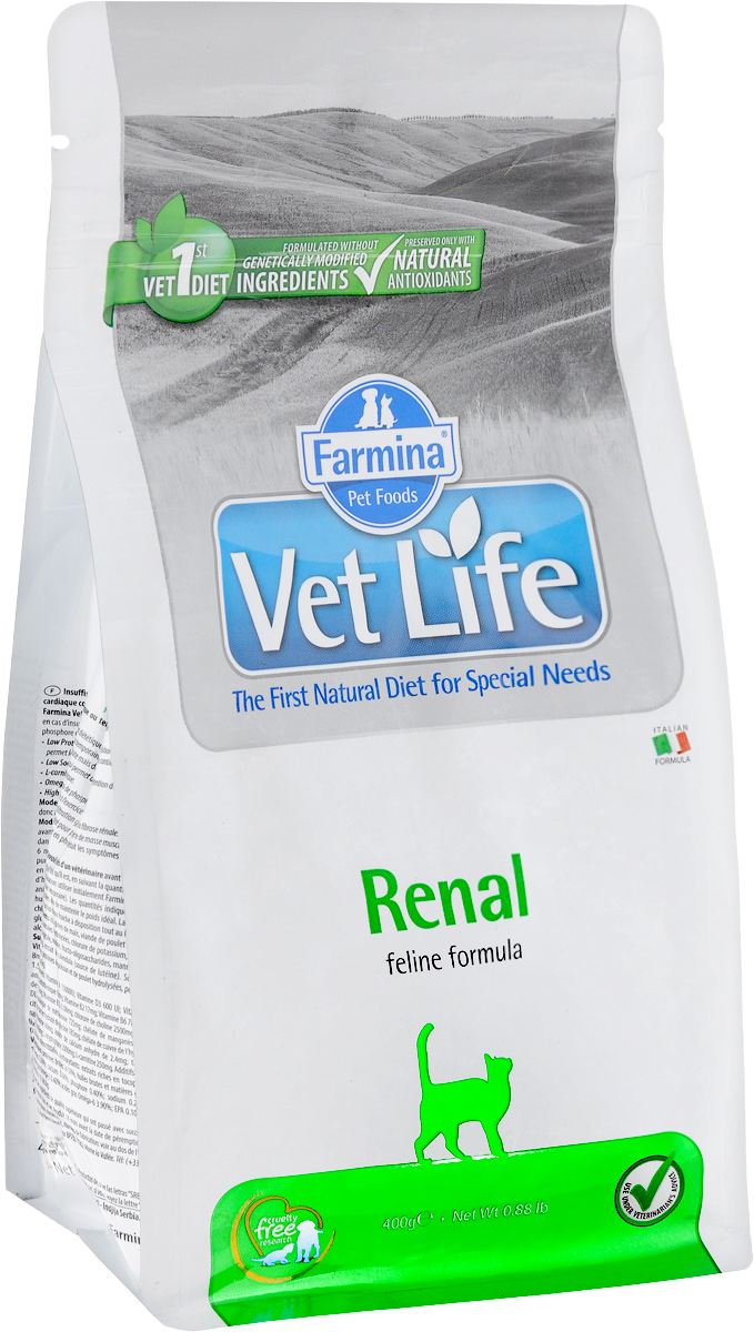 Корм сухой Farmina Vet Life для кошек, для поддержания функции почек при почечной недостаточности, диетический, 400 г25159 Корм сухой Farmina Vet Life для кошек, для поддержания функции почек при почечной недостаточности, диетический, 400 г25159Сухой корм Farmina Vet Life диетическое питание для кошек, разработанное для поддержания функции почек при почечной недостаточности. Низкое содержание белка способствует снижению метаболизму азота и тормозит развитие гипертензии. Низкое содержание натрия и фосфора обеспечивает контроль гипернатриемии и гиперфосфатемии, что помогает замедлить прогрессирование почечной недостаточности. L-карнитин повышает толерантность к физической нагрузке. Полинасыщенные жирные кислоты Омега-3 способствуют улучшению гломерулярной фильтрации. Источники белка высокого качества профилактируют потерю мышечной массы. Товар сертифицирован.