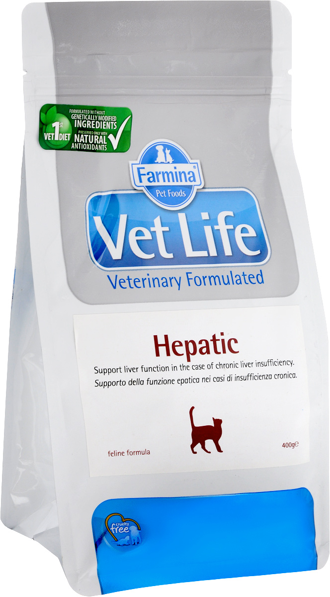 Корм сухой для кошек Farmina Vet Life, диетический, при хронической печеночной недостаточности, 400 г30405 Корм сухой для кошек Farmina Vet Life, диетический, при хронической печеночной недостаточности, 400 г30405Сухой корм Farmina Vet Life - диетическое питание для кошек с хронической печеночной недостаточностью. Диета содержит ограниченное количество белка высокого качества, высокий уровень полиненасыщенных жирных кислот и высокий уровень легко усваиваемых углеводов. Низкое потребление меди ограничивает токсическое воздействие на поврежденное гепатоциты. Повышенное содержание полиненасыщенных жирных кислот омега=3 обеспечивает противовоспалительное действие и улучшает симптоматику при острых гепатопатияхю Присутствие в диете крахмала и гидролизата белка компенсирует недостаточность пищеварения (белкового и углеводного обмена)в случает хронической печеночной недостаточности. Товар сертифицирован.