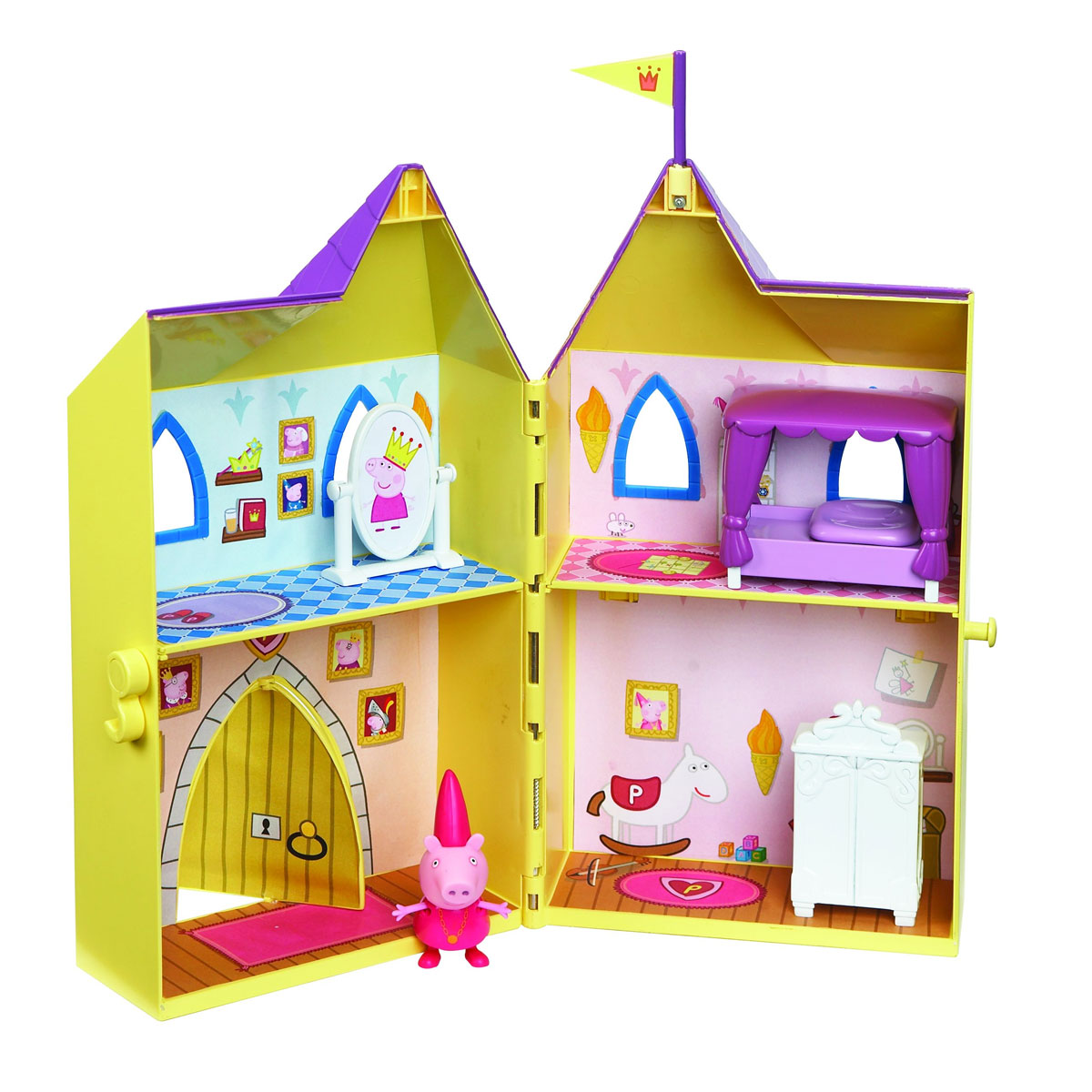 Peppa Pig Игровой набор Замок принцессы15562 Peppa Pig Игровой набор Замок принцессы15562Игровой набор Peppa Pig Замок принцессы непременно приведет в восторг вашу малышку! Любая девочка мечтает однажды проснуться принцессой и поэтому с радостью играет в игры от лица царственных особ. А знаменитая и любимая детьми свинка Пеппа и ее прекрасный замок - это как раз то, что нужно, чтобы как можно лучше почувствовать себя настоящей дочерью короля! Роскошные апартаменты, состоящие из четырех комнат, прекрасная кукольная мебель, окна и двери, сделанные под старину, а сверху башенка с королевским флагом. Игрушка изготовлена из качественной пластмассы и абсолютно безвредна, поэтому вы можете не беспокоиться о здоровье ребенка. В наборе Замок принцессы двухэтажный домик в виде сказочного, фигурка Пеппы-принцессы с двигающимися ручками и ножками, мебель и аксессуары для оформления внутреннего пространства замка (шкаф, кровать, игрушечное зеркало). Домик разделен на 4 игровые зоны (спальня, гардеробная, игровая комната, парадная с вращающейся дверью). Товар...