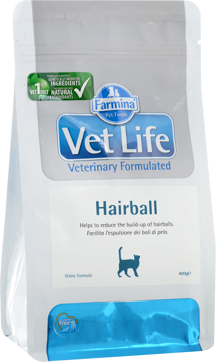 Корм сухой для взрослых кошек Farmina Vet Life, диетический, для выведения комочков шерсти из кишечника, 400 г21717 Корм сухой для взрослых кошек Farmina Vet Life, диетический, для выведения комочков шерсти из кишечника, 400 г21717Сухой корм Farmina Vet Life - полнорационное питание для взрослых кошек, которое способствует выведению комочков шерсти из кишечника. Механизм действия: -Оптимальное соотношение растворимой и нерастворимой фракций клетчатки регулирует дефекацию. -Введение в рецептуру пребиотиков поддерживает баланс кишечной микрофлоры и улучшает усвоение питательных веществ. -Добавки витаминов и аминоксилот поддерживают здоровье кожи и шерсти. -Контролируемый уровень магния в сочетании с сульфатом кальция снижают риск развития мочекаменной болезни. Состав: дегидратированное куриное мясо, овес, волокна гороха (10%), животный жир, кукурузный глютен, дегидратированная рыба, рис, льняное семя, пульпа сахарной свеклы, гидролизат белков животного происхождения, дегидратированные цельные яйца, рыбий жир, растительное масло, подорожник (1,5%), фруктоолигосахариды (0,6%), маннанолигосахариды (0,6%), пивные дрожжи, хлорид калия, хлорид...