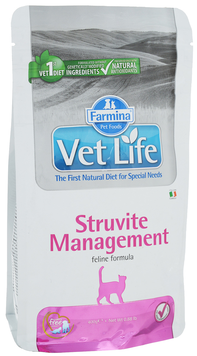 Корм сухой Farmina Vet Life для кошек при рецидивах мочекаменной болезни и идиопатическом цистите, диетический, 400 г22554 Корм сухой Farmina Vet Life для кошек при рецидивах мочекаменной болезни и идиопатическом цистите, диетический, 400 г22554Сухой корм Farmina Vet Life - это диетическое полнорационное и сбалансированное питание кошек для лечения и профилактики рецидивов струвитного уролитиаза и идиопатического цистита. Низкое содержание белка, кальция, фосфора и магния создает неблагоприятные условия для агрегации и кристаллизации осадка в моче. Добавка DL-метионина и хлорида аммония создает и поддерживает рН мочи, который способствует растворению и препятствует повторному образованию струвитов. Создаются неблагоприятные условия для размножения бактерий в мочевом пузыре. Товар сертифицирован.