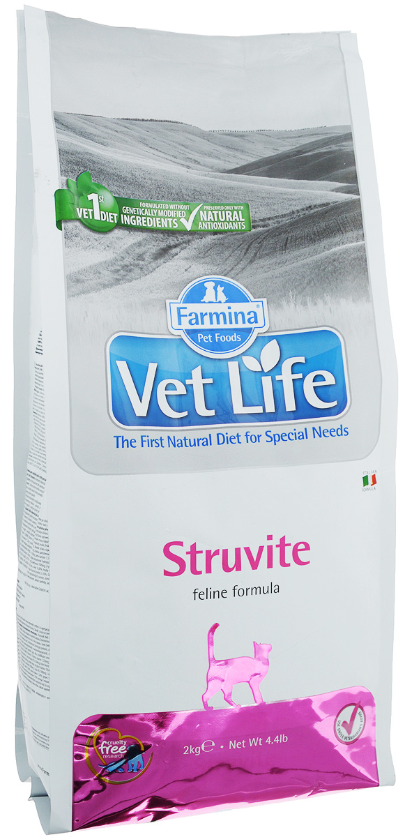 Корм сухой для кошек Farmina Vet Life, диетический, для растворения струвитных уролитов, 2 кг25319 Корм сухой для кошек Farmina Vet Life, диетический, для растворения струвитных уролитов, 2 кг25319Сухой корм Farmina Vet Life - это диетическое полнорационное и сбалансированное питание кошек, разработанное для растворения струвитных уролитов. Низкое содержание белка, кальция, фосфора и магния создает неблагоприятные условия для агрегации и кристаллизации осадка в моче. Добавка DL-метионина создает и поддерживает рН мочи, который способствует растворению и препятствует повторному образованию струвитов. Создаются неблагоприятные условия для размножения бактерий в мочевом пузыре. Товар сертифицирован.