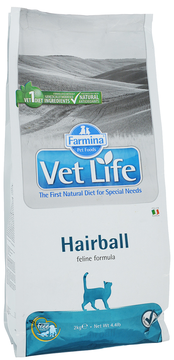 Корм сухой для взрослых кошек Farmina Vet Life, диетический, для выведения комочков шерсти из кишечника, 2 кг22783 Корм сухой для взрослых кошек Farmina Vet Life, диетический, для выведения комочков шерсти из кишечника, 2 кг22783Сухой корм Farmina Vet Life - полнорационное питание для взрослых кошек, которое способствует выведению комочков шерсти из кишечника. Механизм действия: -Оптимальное соотношение растворимой и нерастворимой фракций клетчатки регулирует дефекацию. -Введение в рецептуру пребиотиков поддерживает баланс кишечной микрофлоры и улучшает усвоение питательных веществ. -Добавки витаминов и аминоксилот поддерживают здоровье кожи и шерсти. -Контролируемый уровень магния в сочетании с сульфатом кальция снижают риск развития мочекаменной болезни. Товар сертифицирован.