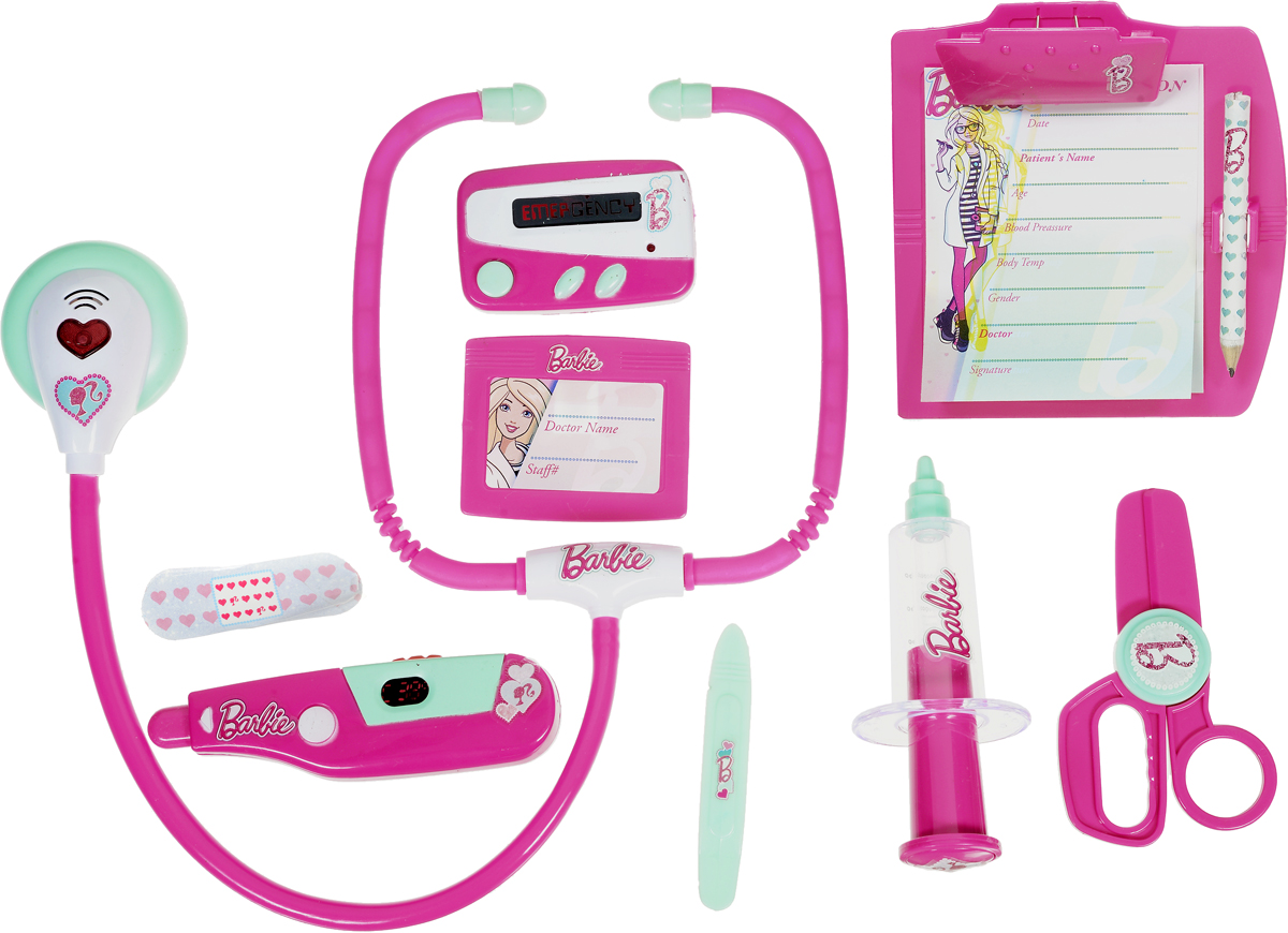Corpa Игровой набор Юный доктор Barbie 11 предметовD128 Corpa Игровой набор Юный доктор Barbie 11 предметовD128Игровой набор Corpa Юный доктор Barbie - это замечательный подарок для вашей девочки, которая сможет почувствовать себя настоящим врачом. В набор входит: шприц, градусник, ножницы, пинцет, бейдж, пластырь, стетоскоп - инструмент, с помощью которого можно послушать ритм сердца и дыхания, планшет для записей с карандашом и пейджер. С таким набором ваша малышка сможет примерить на себя сложнейшую, но очень интересную профессию доктора и даже стать настоящим специалистом в области здравоохранения, оказывая медицинскую помощь любимым игрушкам. Все инструменты исключительно безопасны, выполнены из прочных материалов и оснащены звуковыми и световыми эффектами. Для работы градусника необходимо 2 батарейки типа AG10 (входят в комплект). Для работы стетоскопа и пейджера необходимы 4 батарейки типа AG13 (входят в комплект).
