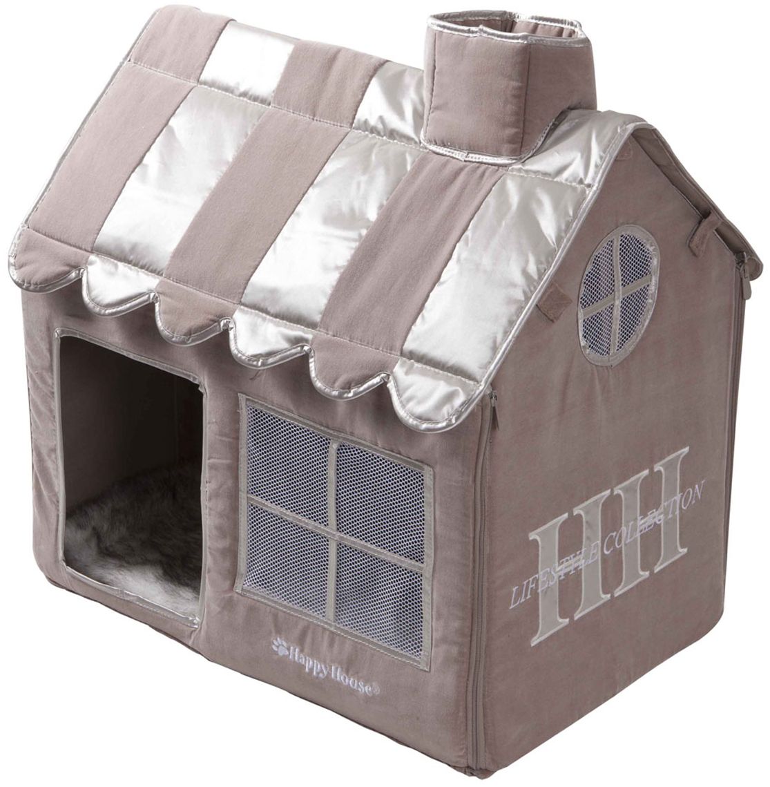 Домик для кошек Happy House Cat Lifestyle, цвет: серый, молочно-коричневый, 62 х 42 х 59 см8480-2 Домик для кошек Happy House Cat Lifestyle, цвет: серый, молочно-коричневый, 62 х 42 х 59 см8480-2Домик Happy House Cat Lifestyle непременно станет любимым местом отдыха вашего домашнего любимца. Изделие выполнено из картона и обтянуто бархатной тканью с атласными вставками. Внутри имеется мягкая съемная подстилка из искусственного меха. Крыша домика крепится при помощи липучек и полностью снимается, а каркас соединяется застежкой-молнией. В таком домике вашему питомцу будет мягко и тепло. Он подарит ему ощущение уюта и уединенности, а также возможность спрятаться. Очень удобен для транспортировки и легко складывается.