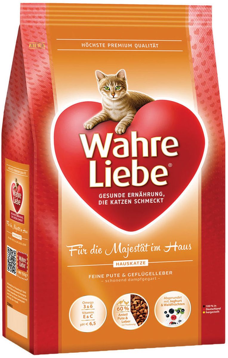 Корм сухой Wahre Liebe Hauskatze, для домашних кошек, 1,5 кг30445 Корм сухой Wahre Liebe Hauskatze, для домашних кошек, 1,5 кг30445Для домашних кошек Инновационная формула для кошек, живущих в Вашем доме С нежной индейкой, печенью домашней птицы и рисом, по-царски заправленная йогуртом и лесными плодами. Домашние кошки ограничены в движении. В нашем составе точно учтена энергия, необходимая Вашей кошке. Компоненты корма содержат оптимально питательные вещества и очень легко усваиваются.
