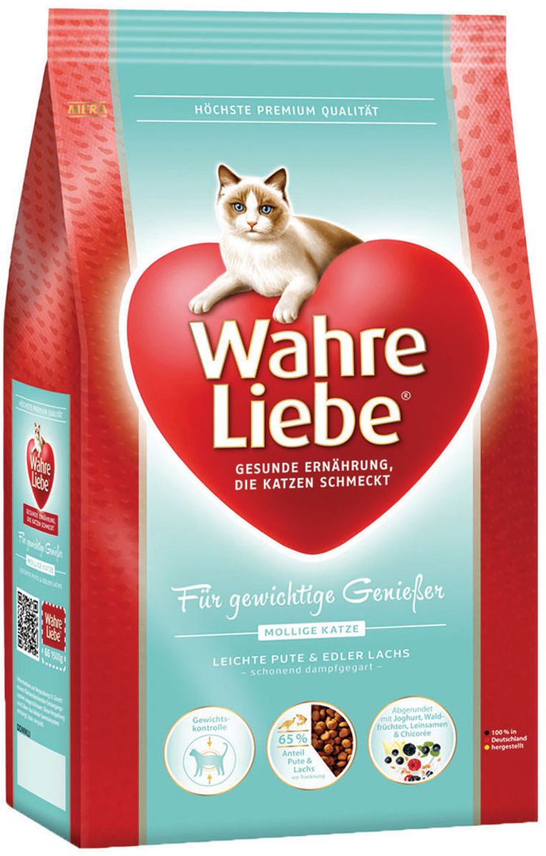 Корм сухой Wahre Liebe Mollige, для кошек с избыточным весом, стерилизованных и кастрированных, 400 г30614 Корм сухой Wahre Liebe Mollige, для кошек с избыточным весом, стерилизованных и кастрированных, 400 г30614Легкая формула для кошек с избыточным весом и предрасположенных к лишнему весу (стерилизованных и кастратов). Специально разработанная комбинация мяса домашней птицы, рыбы и риса, объединённая с льняным семенем, цикорием и йогуртом. Кошки с избыточным весом нуждаются в низкокалорийном корме с уменьшенным содержанием жира и с высоким содержанием связующих жир веществ. Наш рецепт продлевает чувство насыщения. Это позволяет уменьшить жировую ткань и увеличить рост мускулатуры.