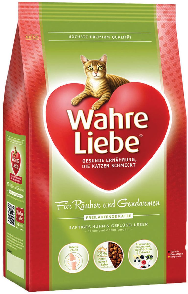 Корм сухой Wahre Liebe Freilaufende, для активных кошек, гуляющих на улице, 400 г30714 Корм сухой Wahre Liebe Freilaufende, для активных кошек, гуляющих на улице, 400 г30714Для активных (гуляющих на улице) кошек Богатая энергией формула для активных кошек. С цыпленком, рисом и печенью домашней птицы, дополненная порошком из мяса моллюсков и цикорием. Активные кошки нуждаются в особенно богатой энергией и укрепляющей силы еде. Наш особый рецепт абсолютно удовлетворяет эти требования. А порошок из мяса моллюсков является прекрасным профилактическим средством, предупреждающим болезни суставов.