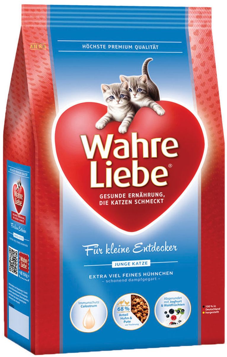 Корм сухой Wahre Liebe Junior, для котят, 400 г30914 Корм сухой Wahre Liebe Junior, для котят, 400 г30914Для котят (с колострумом) Идеальная рецептура для котят с колострумом (молозиво) С нежной курицей, рисом, куриной печенью и колострумом Приготовленный на щадящем пару корм с цыпленком, рисом и печенью домашней птицы. К питанию молодых кошек предъявляются особенно высокие требования. В нашей рецептуре точно учтена та энергетическая потребность, в которой нуждается Ваша кошка. Этот корм снабжает котят оптимально питательными веществами, которые отлично усваиваются организмом.