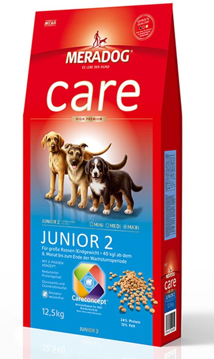 Корм сухой Meradog Junior 2 High Premium, для щенков с 6 месяцев, 12,5 кг50550 Корм сухой Meradog Junior 2 High Premium, для щенков с 6 месяцев, 12,5 кг50550Для щенков крупных пород с 6 месяцев и до конца периода роста. Пониженное содержание протеина по сравнению с кормом Junior 1. Высококачественный порошок из мяса моллюсков для хрящей и суставов. Пребиотический инулин и бета-глюканы Масло лосося.