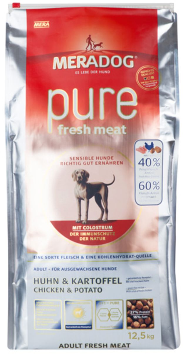 Корм сухой Meradog Pure Fresh Meat Huhn & Kartoffel, для собак, со свежей курицей и картофелем, 300 г53376 Корм сухой Meradog Pure Fresh Meat Huhn & Kartoffel, для собак, со свежей курицей и картофелем, 300 г53376Полнорационный беззерновой корм для собак и концепция защиты от MERADOG: антиоксиданты (витамин С, Е, бета-каротин и селен) для оптимальной защиты клеток. Натуральные жирные кислоты Омега-3 и Омега-6 (масло лосося, подсолнечное масло, масло льняных семян), а также хелат цинка для кожи и шерсти. Пребиотический инулин для стабильной кишечной флоры и надежного пищеварения. Идеальный корм при многих видах пищевых аллергий: только один источник углеводов и только один вид мяса. Молозиво, маннанолигосахариды и бета-глюканы для оптимальной иммунной защиты.