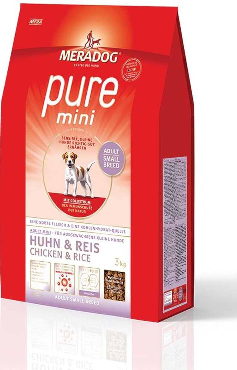 Корм сухой Meradog Pure Mini Chicken and Rice, для собак мелких пород с проблемами в питании/аллергиями, с курицей и рисом, 7,5 кг53741 Корм сухой Meradog Pure Mini Chicken and Rice, для собак мелких пород с проблемами в питании/аллергиями, с курицей и рисом, 7,5 кг53741Полнорационный корм для взрослых собак мелких пород с чувствительным пищеварением и концепция защиты от MERADOG:антиоксиданты (витамин С, Е, бета-каротин и селен) для оптимальной защиты клеток. Натуральные жирные кислоты Омега-3 и Омега-6 (масло лосося, подсолнечное масло, масло льняных семян), а также хелат цинка для кожи и шерсти. Пребиотический инулин для стабильной кишечной флоры и надежного пищеварения. Содержание белка, энергетическая ценность, широкий набор витаминов оптимально сбалансированы для собак мелких пород . Размер и форма гранул является оптимальной для данных пород. Идеальный корм при многих видах пищевых аллергий: только один источник углеводов и только один вид мяса. Молозиво, маннанолигосахариды и бета-глюканы для оптимальной иммунной защиты.