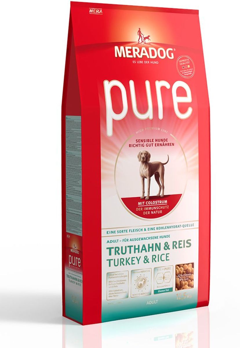 Корм сухой Meradog Pure Turkey & Rice, для взрослых собак с проблемами в питании/аллергиями, с индейкой и рисом, 12,5 кг53850 Корм сухой Meradog Pure Turkey & Rice, для взрослых собак с проблемами в питании/аллергиями, с индейкой и рисом, 12,5 кг53850Полнорационный корм для взрослых собак с проблемами в питании и/или аллергиями и концепция защиты от MERADOG:антиоксиданты (витамин C, Е, бета-каротин и селен) для оптимальной защиты клеток. Натуральные жирные кислоты Омега-3 и Омега-6 (масло лосося, подсолнечное масло и масло льняных семян), а также хелат цинка для кожи и шерсти. Пребиотический инулин для стабильной кишечной флоры и надежного пищеварения. Высококачественный животный белок (индейка) для поддержания оптимального телосложения и обмена веществ. Идеально при многих пищевых аллергий. Только один источник углеводов и только один вид мяса. Колострум, маннан-олигосахариды и бета-глюканы для оптимальной иммунной защиты.