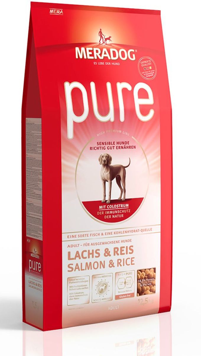 Корм сухой Meradog Pure Salmon & Rice, для взрослых собак с проблемами в питании/аллергиями, с лососем и рисом, 12,5 кг54350 Корм сухой Meradog Pure Salmon & Rice, для взрослых собак с проблемами в питании/аллергиями, с лососем и рисом, 12,5 кг54350Полнорационный корм для взрослых собак с проблемами в питании и/или аллергией и концепция защиты от MERADOG:антиоксиданты (витамин C, Е, бета-каротин и селен) для оптимальной защиты клеток. Натуральные жирные кислоты Омега-3 и Омега-6 (масло лосося, подсолнечное масло и масло льняных семян), а также хелат цинка для кожи и шерсти. Пребиотический инулин для стабильной кишечной флоры и надежного пищеварения. Высококачественный животный белок (лосось) для поддержания оптимального телосложения и обмена веществ. Идеально при многих пищевых аллергий. Только один источник углеводов и только один вид мяса. Колострум, маннан-олигосахариды и бета-глюканы для оптимальной иммунной защиты.