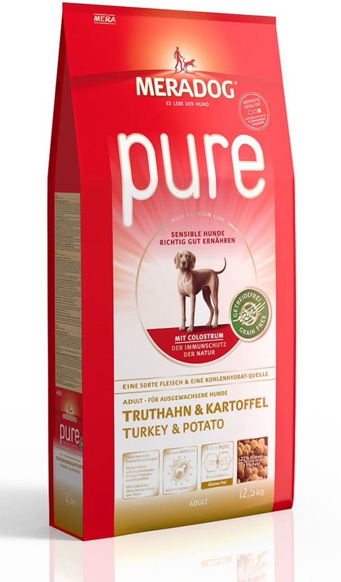 Корм сухой Meradog Pure Turkey & Potato, для взрослых собак с проблемами в питании/аллергиями, без злаков, с индейкой и картофелем, 4 кг54534 Корм сухой Meradog Pure Turkey & Potato, для взрослых собак с проблемами в питании/аллергиями, без злаков, с индейкой и картофелем, 4 кг54534Полнорационный корм для взрослых собак с проблемами в питании и/или аллергиями. Без злаков – с легкоусвояемой индейкой и картофелем и концепция защиты от MERADOG:антиоксиданты (витамин C, Е, бета-каротин и селен) для оптимальной защиты клеток. Натуральные жирные кислоты Омега-3 и Омега-6 (масло лосося, подсолнечное масло и масло льняных семян), а также хелат цинка для кожи и шерсти. Пребиотический инулин для стабильной кишечной флоры и надежного пищеварения. Высококачественный животный белок (индейка) для поддержания оптимального телосложения и обмена веществ. Идеально при многих пищевых аллергий. Только один источник углеводов и только один вид мяса. Колострум, маннан-олигосахариды и бета-глюканы для оптимальной иммунной защиты.
