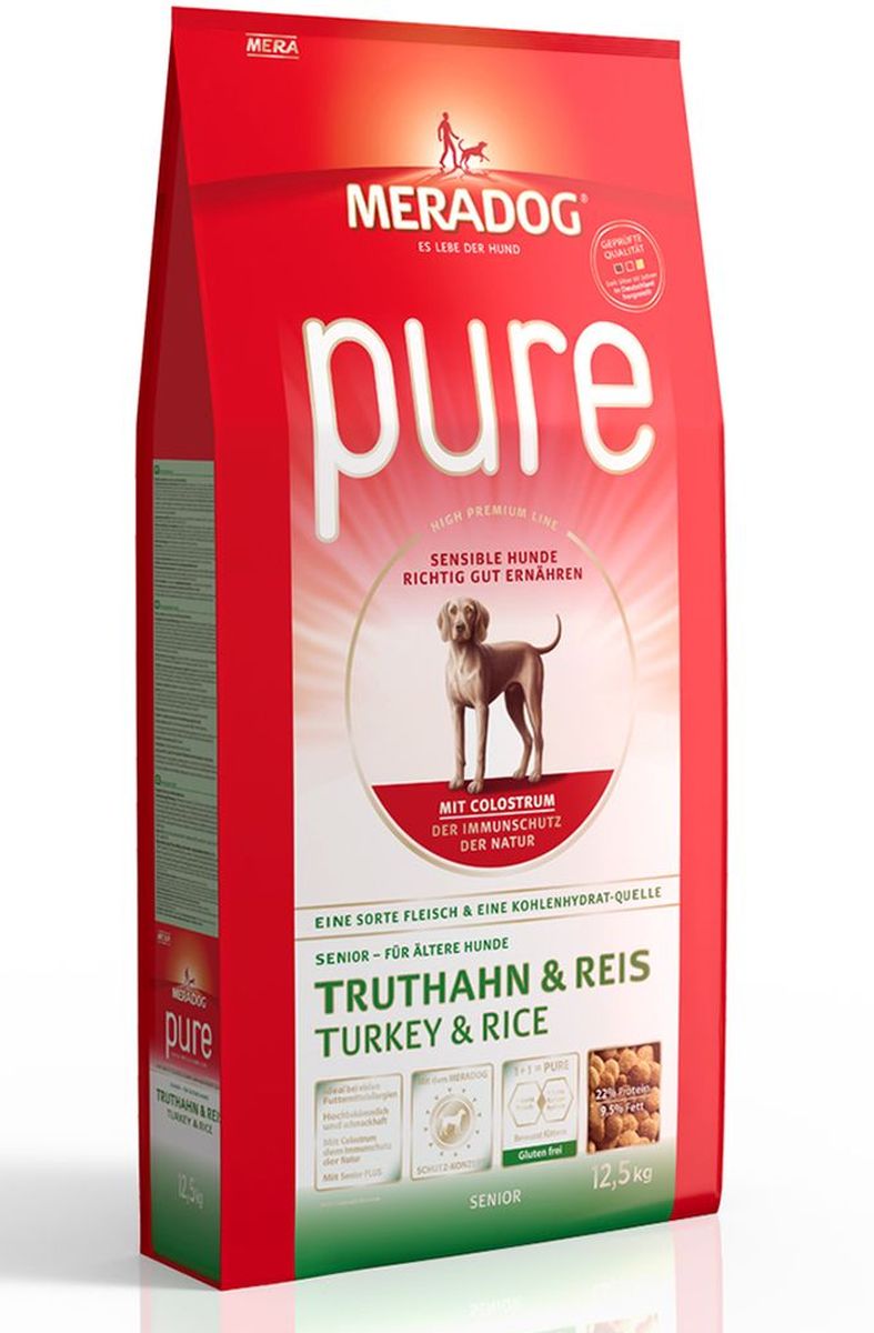 Корм сухой Meradog Pure Turkey & Rice Senior, для стареющих собак с проблемами в питании/аллергиями, с индейкой и рисом, 4 кг54734 Корм сухой Meradog Pure Turkey & Rice Senior, для стареющих собак с проблемами в питании/аллергиями, с индейкой и рисом, 4 кг54734Полнорационный корм для стареющих собак с проблемами в питании и/или аллергиями и концепция защиты от MERADOG:антиоксиданты (витамин C, Е, бета-каротин и селен) для оптимальной защиты клеток. Натуральные жирные кислоты Омега-3 и Омега-6 (масло лосося, подсолнечное масло и масло льняных семян), а также хелат цинка для кожи и шерсти. Пребиотический инулин для стабильной кишечной флоры и надежного пищеварения. Высококачественный животный белок (индейка) для поддержания оптимального телосложения и обмена веществ. Идеально при многих пищевых аллергий. Только один источник углеводов и только один вид мяса. Колострум, маннан-олигосахариды и бета-глюканы для оптимальной иммунной защиты.